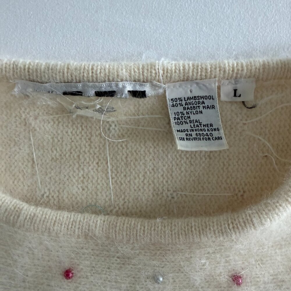 Vintage 80s Pastel Angora Geometric Sweater Cream Ivory Large - Picture 13 of 14